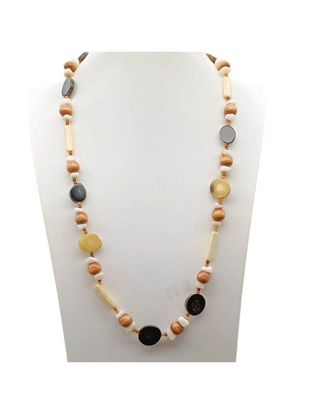 Vintage Maui Handcrafted Beaded Necklace featuring Beautiful Coral Slices and Co